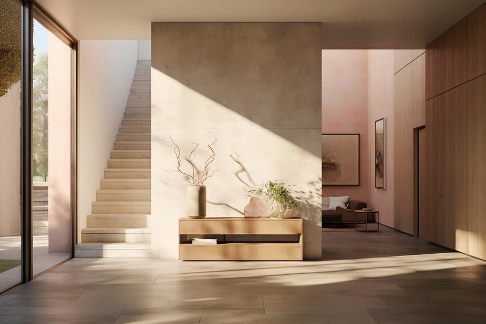 1. A modern home interior featuring a large staircase and a wooden dining table
