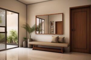 Modern entryway with a wooden bench, large mirror, framed art, and indoor plants near a sliding glass door.