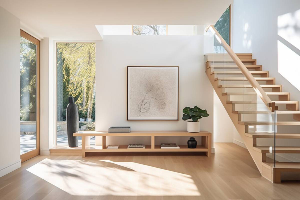 Bright, minimalist living room with a large window, wooden staircase, bench, abstract art, and leafy plant.