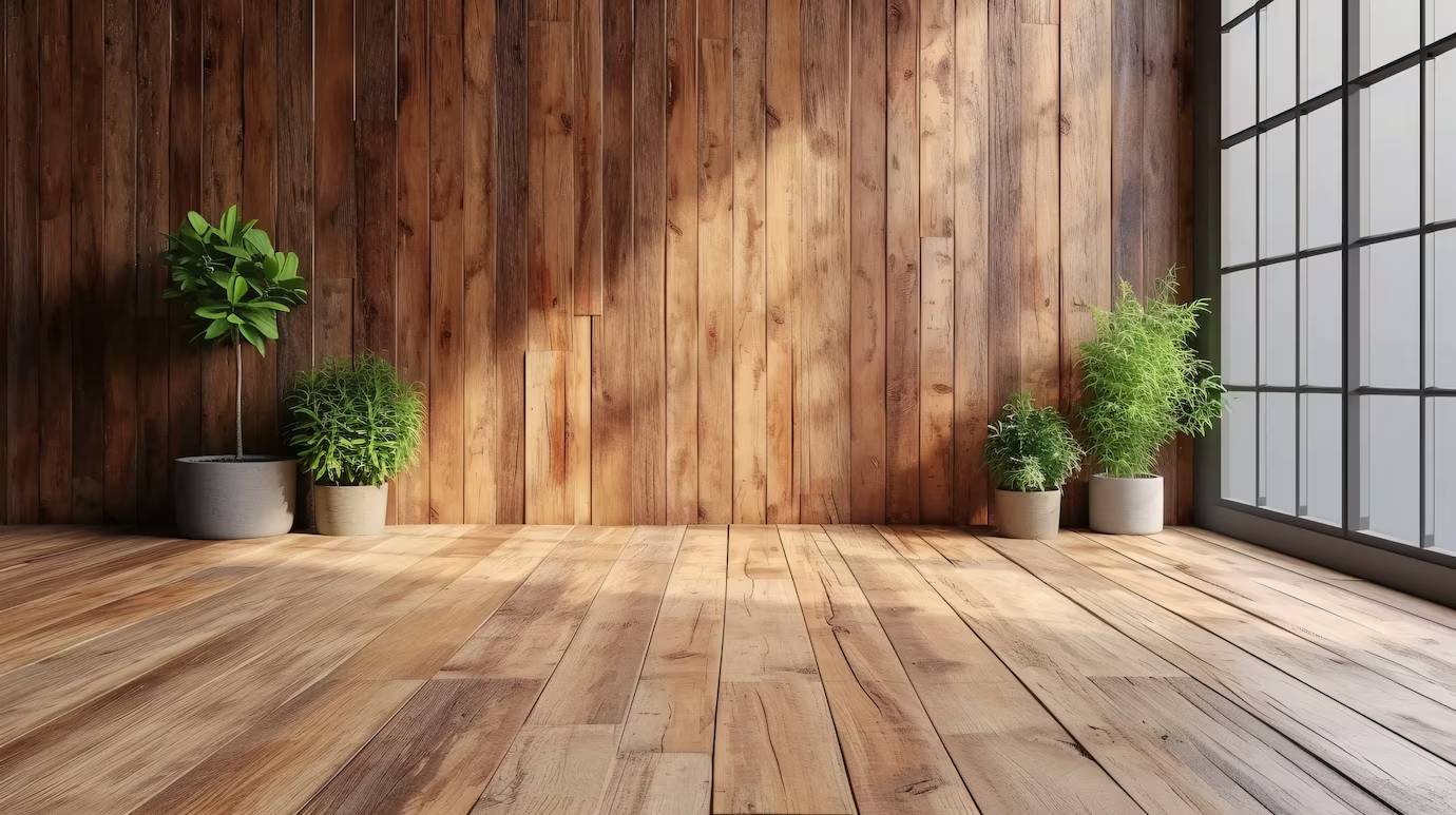 Spacious room with large window, wooden floors and walls, and several potted green plants.