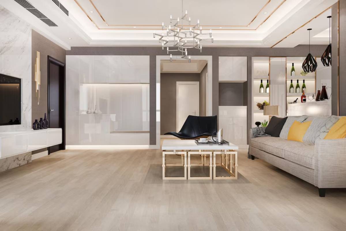 Modern living room interior with elegant furniture, chandelier, and minimalist decor in neutral tones.