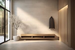 Minimalist entryway with a long wooden bench, a hanging coat, large window, and a decorative tree in a planter.