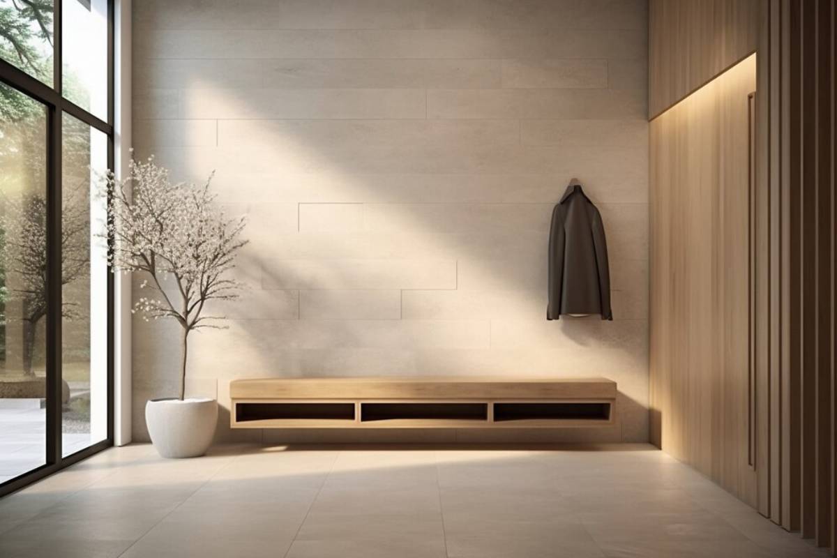 Minimalist entryway with a long wooden bench, a hanging coat, large window, and a decorative tree in a planter.
