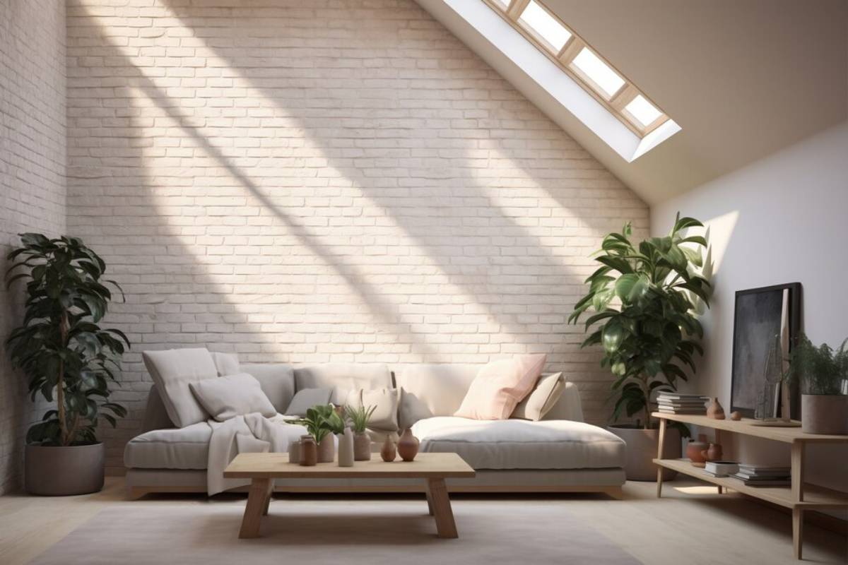 Bright, modern living room with skylight, white sectional sofa, indoor plants, and minimalist decor.