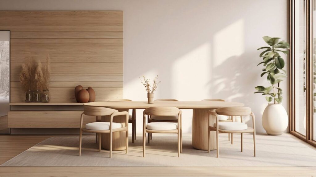 Modern minimalist dining room with wooden furniture, large windows, and potted plants, creating a serene space with natural light.