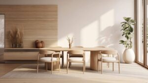 Modern minimalist dining room with wooden furniture, large windows, and potted plants, creating a serene space with natural light.