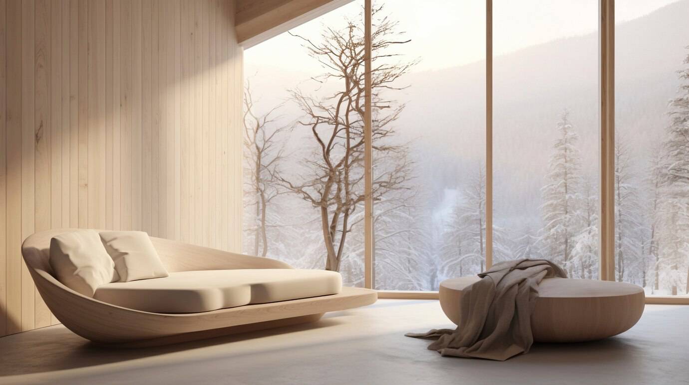 A minimalist bedroom with a modern bed facing large windows overlooking a snowy forest landscape.