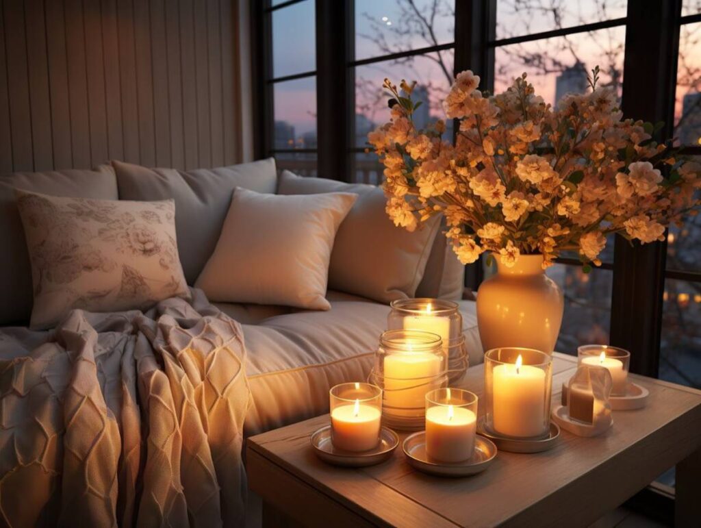 Cozy indoor setting with lit candles on a table, a bouquet of flowers, and a comfortable couch by a window at dusk.
