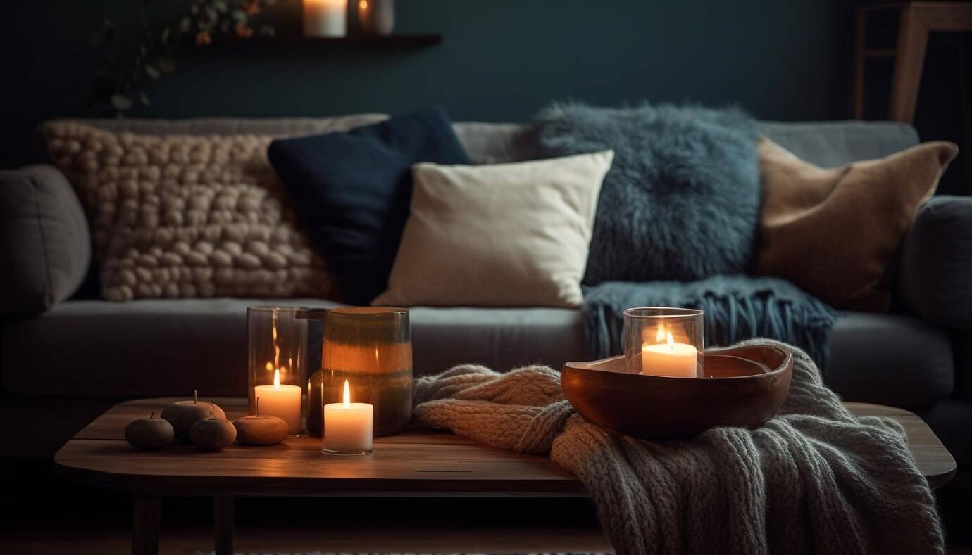 A cozy living room with candles on a coffee table, a plush sofa, and soft lighting.