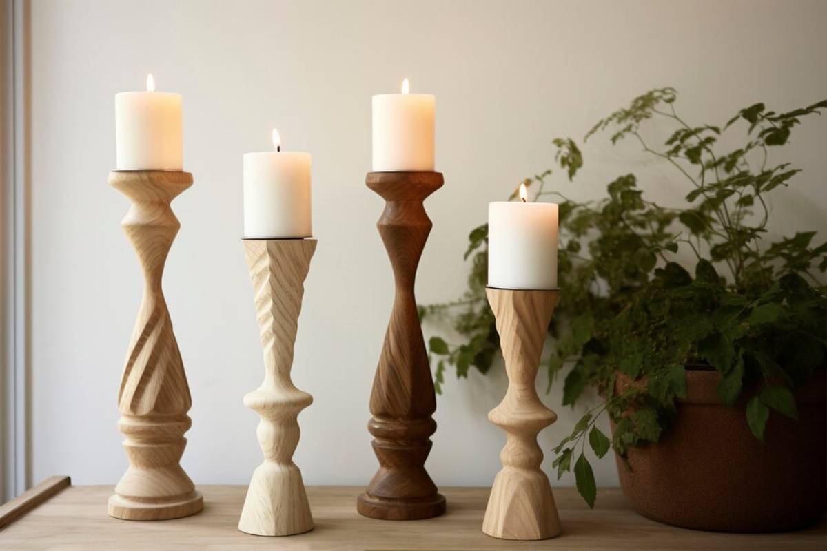 Four wooden candle holders with lit candles, each varying in wood tones, displayed on a table with a green plant in the background.