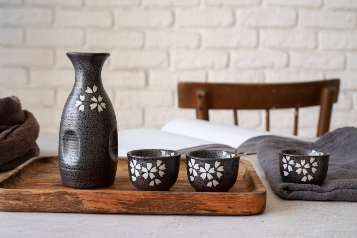 A ceramic sake set with a bottle and cups on a wooden tray against a white brick backdrop.
