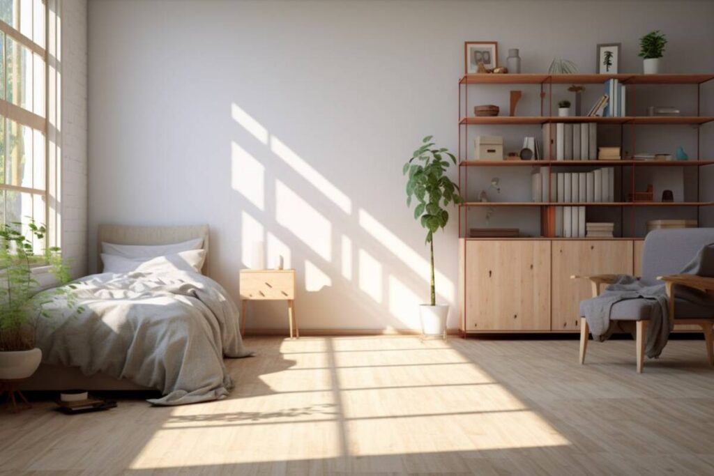 A bright, minimalist bedroom with morning sunlight streaming through large windows, highlighting a wooden shelving unit and cozy furnishings.