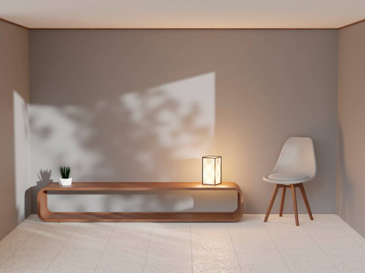 Minimalist interior with a wooden bench, modern chair, potted plant, and a lamp, cast in soft sunlight.