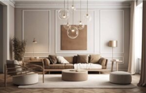Elegant living room interior with neutral tones, minimalist furniture, and modern hanging glass lamps.