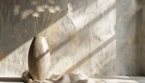 A serene still-life setting with delicate dandelion seeds arranged in a textured vase, casting soft shadows on a subtly patterned wall.
