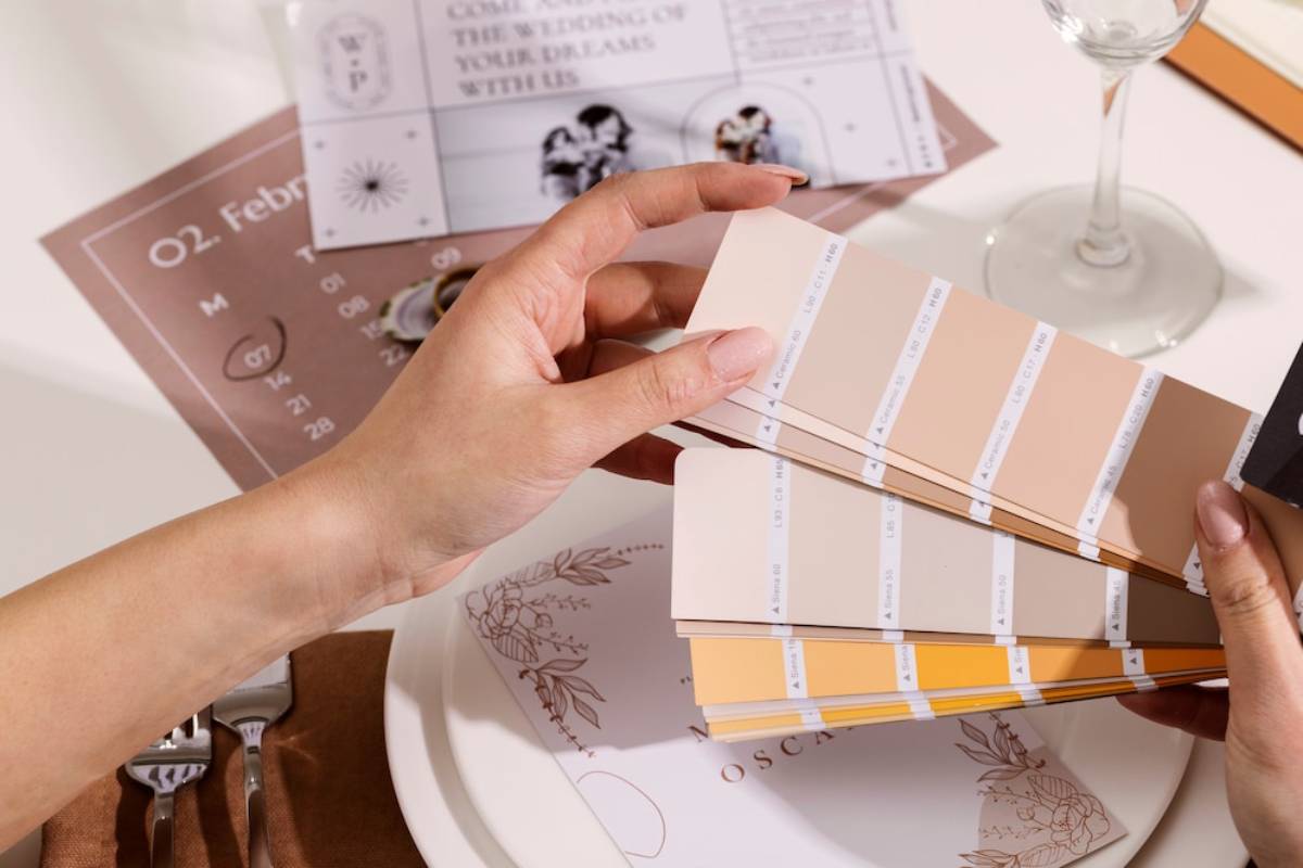 Hands holding paint swatches over a wedding planner and a white plate with floral design.