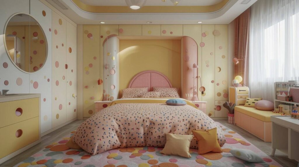 Bright and colorful children's bedroom with a polka dot theme, circular mirrors, and playful decor in yellow and pink tones.
