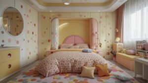 Bright and colorful children's bedroom with a polka dot theme, circular mirrors, and playful decor in yellow and pink tones.