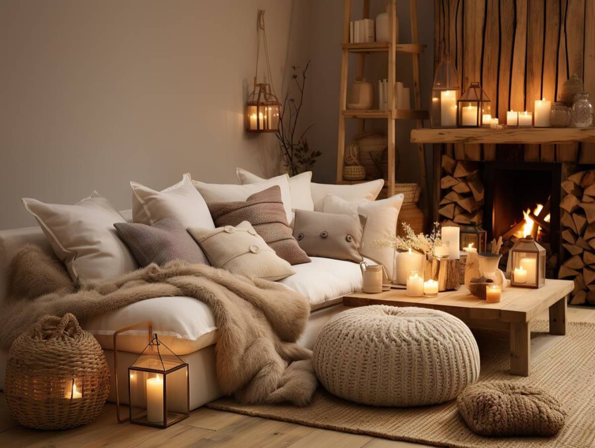 Cozy indoor setting with cushions, a lit fireplace, candles, and wooden decor, offering a warm and inviting ambiance.