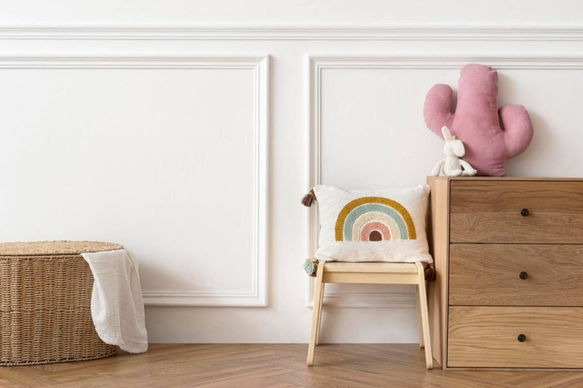 Scandinavian kids play room with wooden furniture