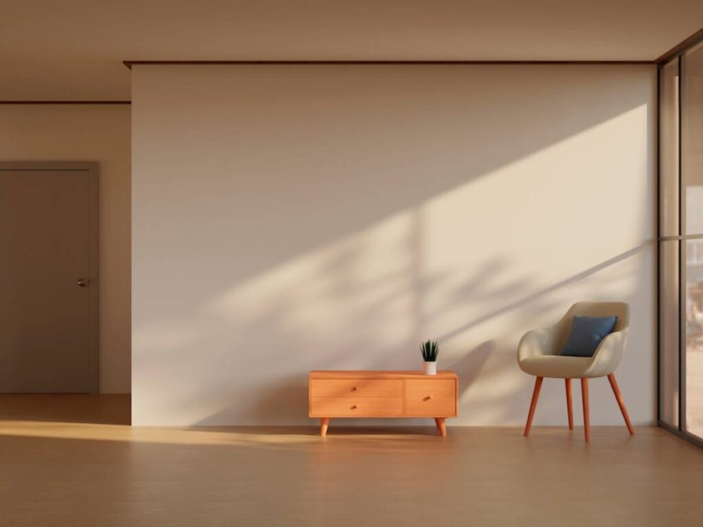 Minimalist room with a wooden dresser, modern armchair, and sunlight casting shadows on a plain wall.