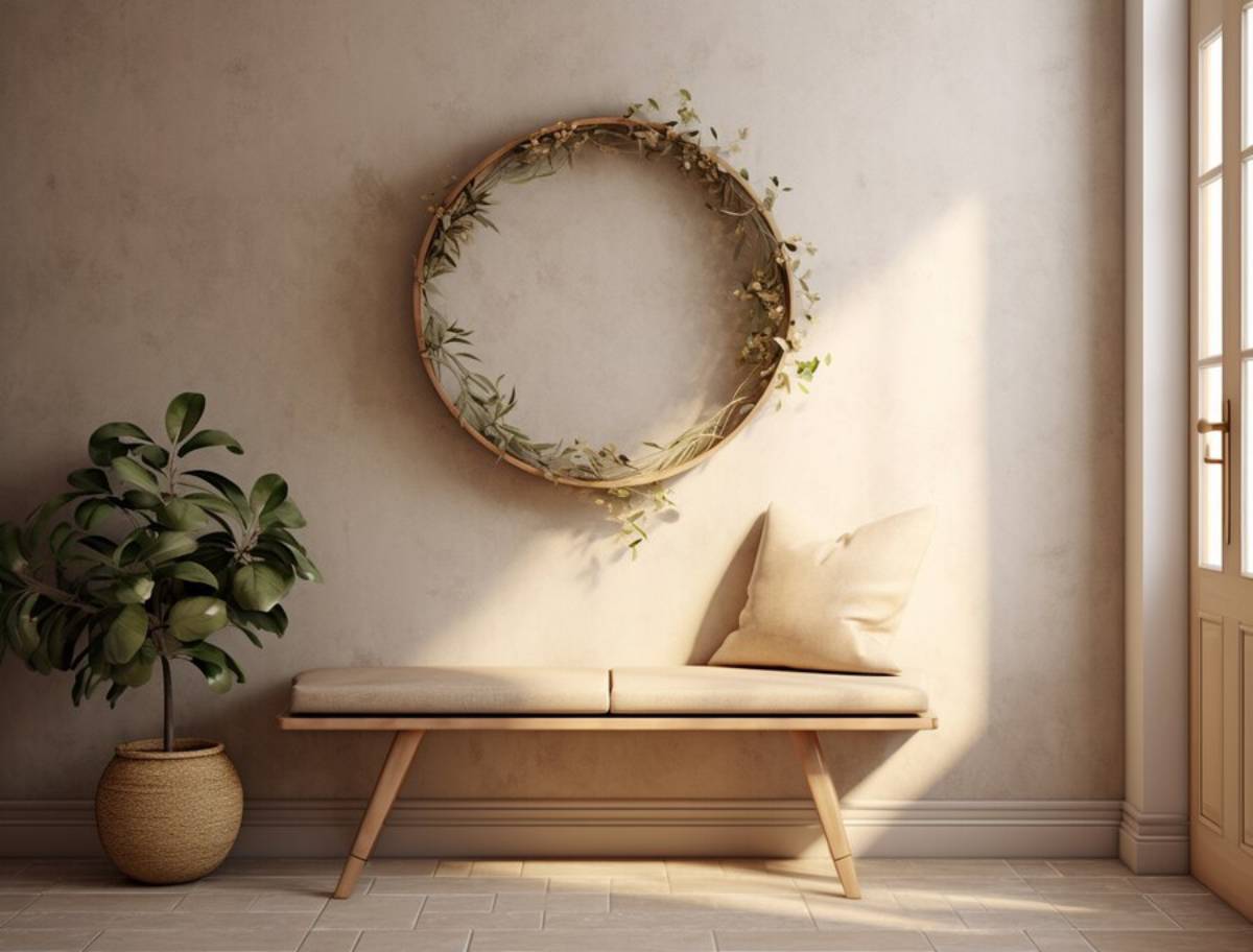 A serene room corner with a wooden bench, pillows, a decorative wreath on the wall, and a potted plant.