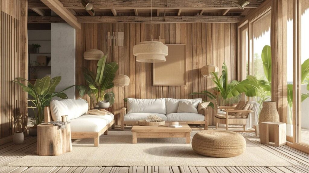 Cozy, tropical-style living room with wooden furniture, large windows, and abundant indoor plants.