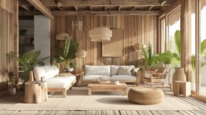 Cozy, tropical-style living room with wooden furniture, large windows, and abundant indoor plants.