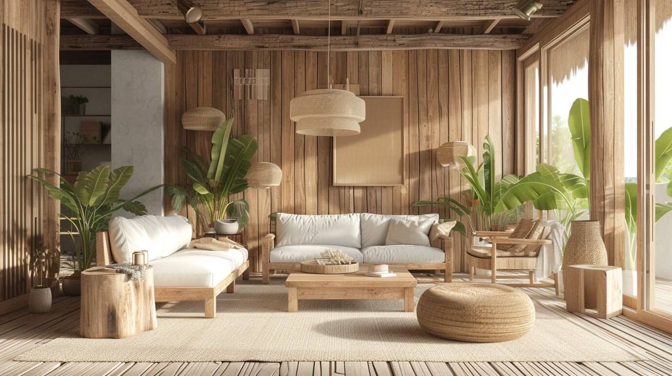 Cozy, tropical-style living room with wooden furniture, large windows, and abundant indoor plants.