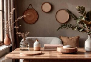 Cozy interior with a wooden table, decorative vases, dried flowers, and wall plates. Natural light from window enhances the calm, earthy tones.