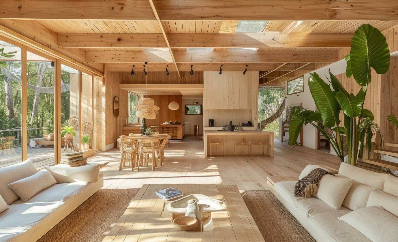Spacious wooden interior of a modern house with ample natural light, featuring cozy furniture and green plants.