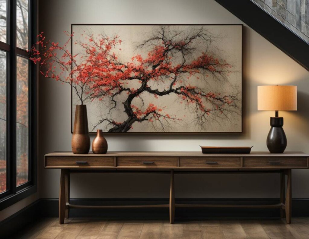 A cozy interior featuring a wooden table with vases, a lamp, and a wall art of a tree with red leaves