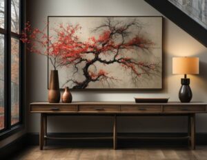 A cozy interior featuring a wooden table with vases, a lamp, and a wall art of a tree with red leaves