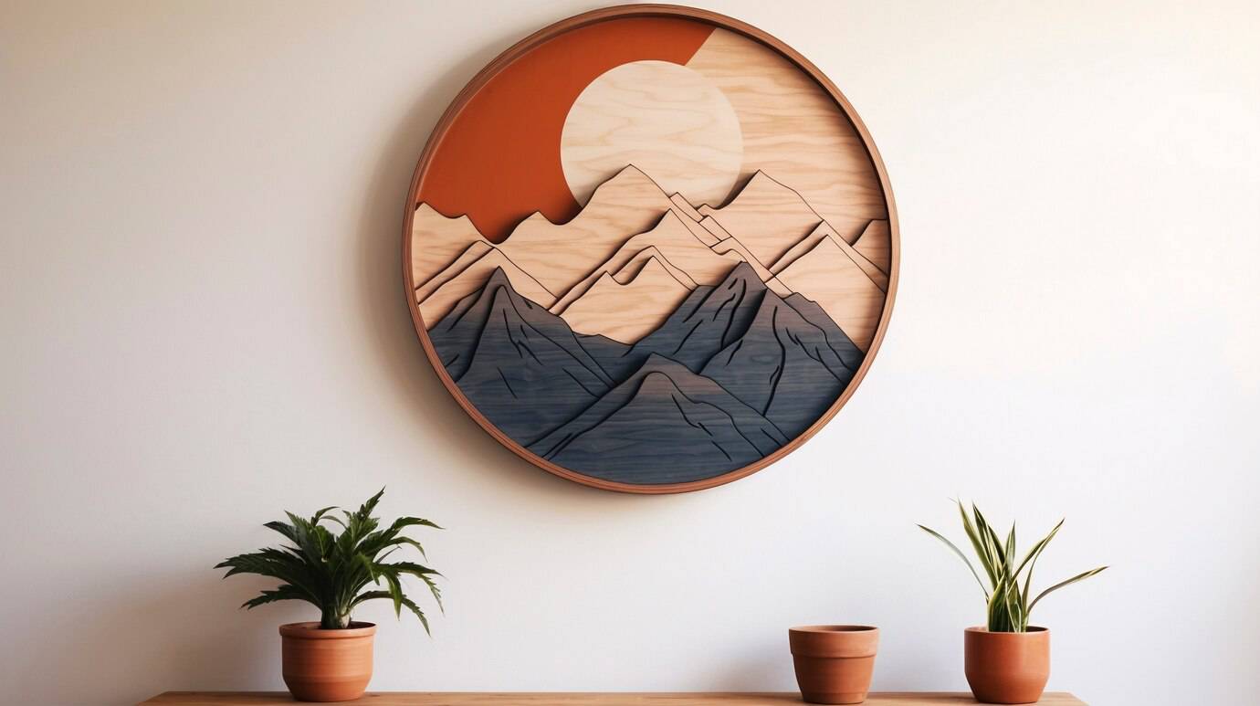 A circular wooden mountain landscape art piece with a sunset, accompanied by two potted plants 