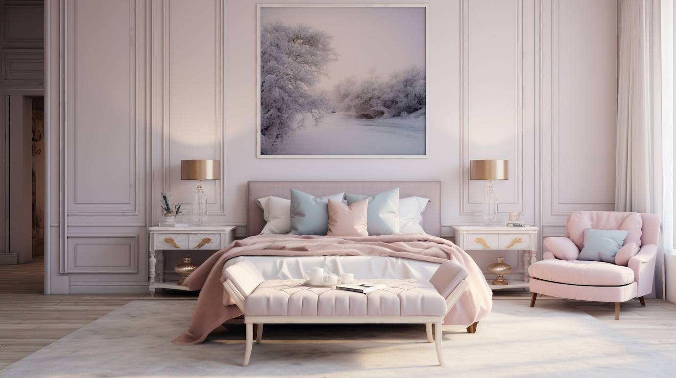 Elegant bedroom with a large bed, pastel linens, framed winter landscape on the wall, and a pink armchair.